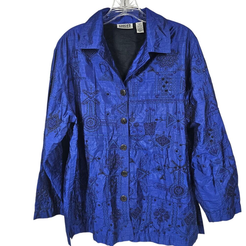 Chico's Design Vintage Royal Blue Silk Beaded Embroidered Blouse Size 1 / US 80